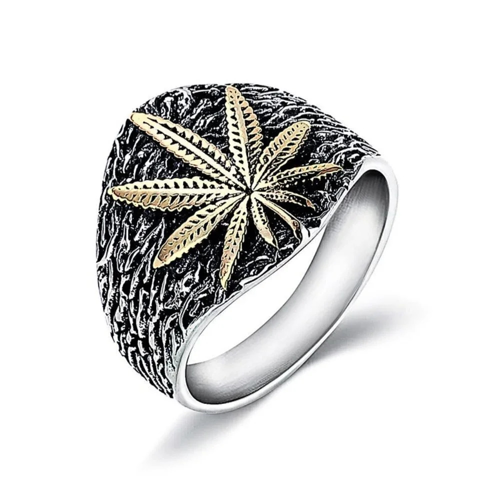 🍁  Two Tone Retro Leaf Hip Hop Carved Black Ring, FB16FA1119